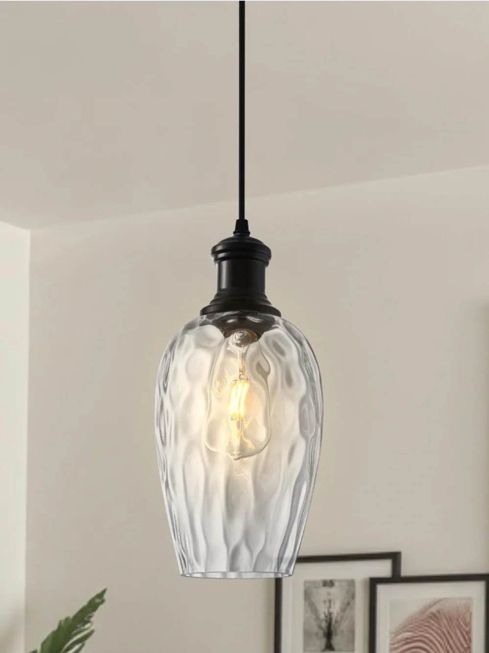 Modern Farmhouse Pendant Light Hammered Glass-BLACK (1-pack)